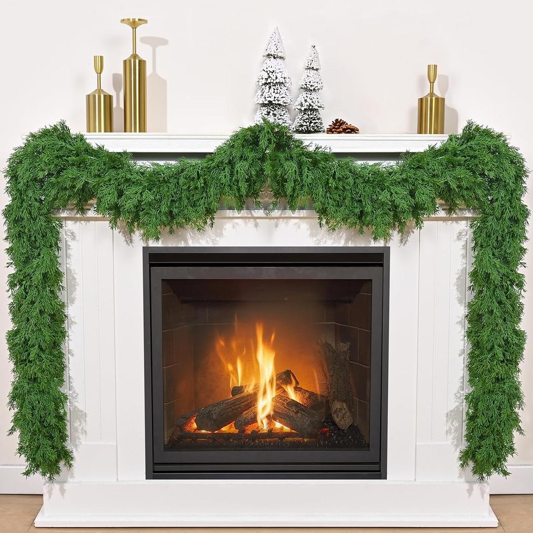 6 FT Faux Cedar Garland Realistic, Christmas Garland with Lights for Mantle, Christmas Real Touch Norfolk Pine Garland for Home Table Front Door Indoor Outdoor Christmas Decor (1 Pack)