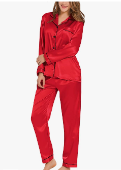 SWOMOG Womens Silk Satin Pajamas Set Long Sleeve Button Down Sleepwear 2 Piece Lounge Set Pj Set, Medium