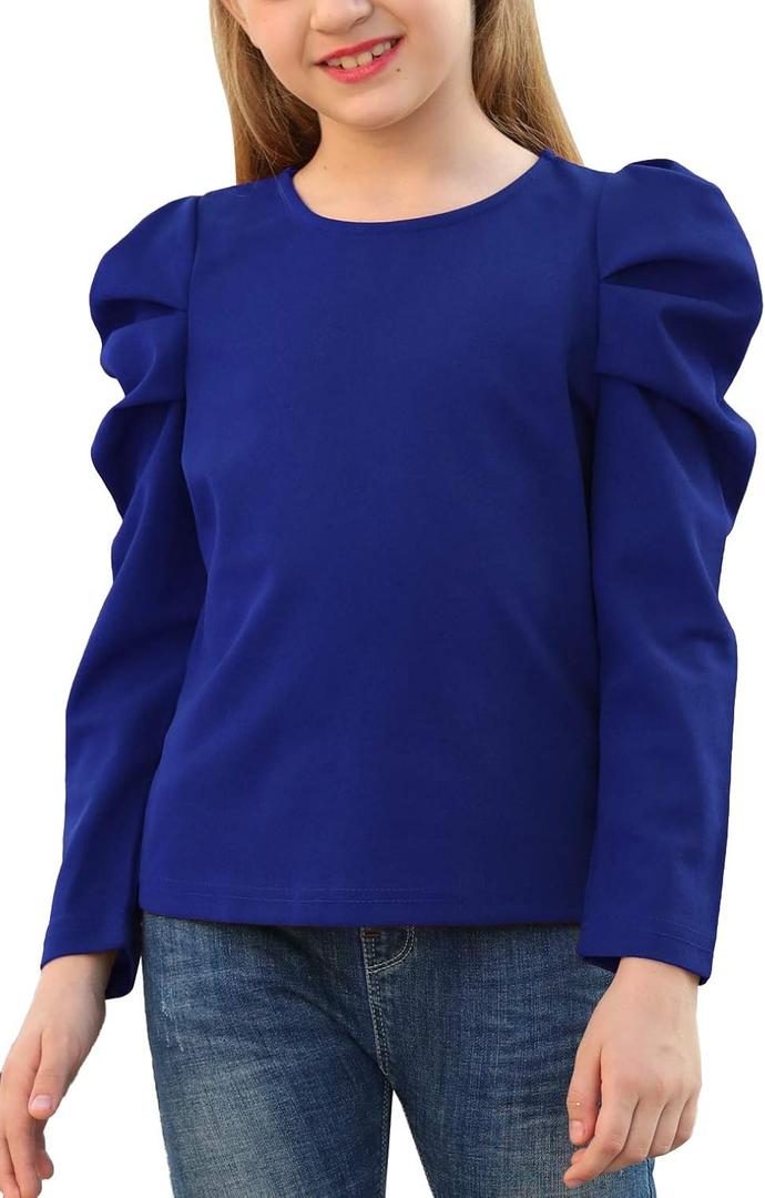 GORLYA Girl's Puff Sleeve Casual Solid T-Shirt Pullover Keyhole Back Blouse Tops for 4-14T Kids (Blue-long Sleeve)