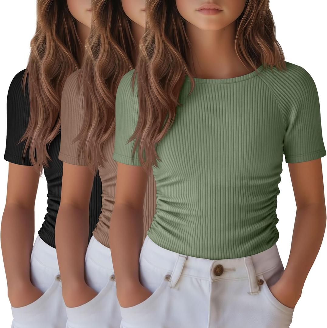 3 Pack Girls Short Sleeve Shirts Summer Slim Fit Crew Neck Tops Ribbed Knit Side Ruched Tees Basic Clothes for Kids (11-12 Years, Black, Mocha, Matcha Green)