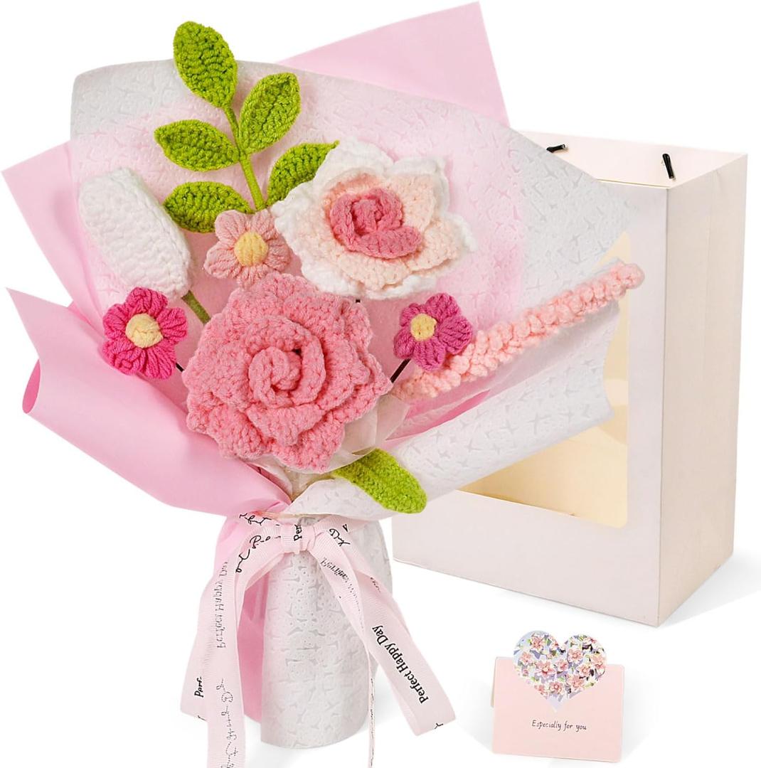 Crochet Flower Bouquet, Handmade Crochet Flowers Bouquet for Anniversary, Mother's Day, Valentine's Day, Graduation, Christmas, Birthday Gift for Women Wife Lover (Include Card) Pink