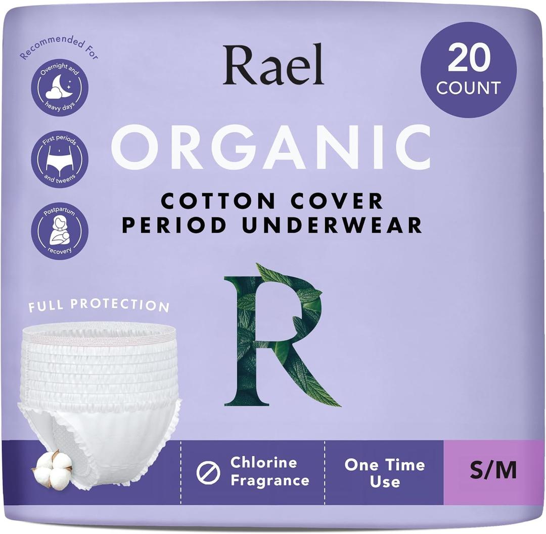 Rael Disposable Underwear for Women, Organic Cotton Cover - Postpartum Essentials, Leak Locker, Unscented, Maximum Coverage (Size S-M, 20 Count) (20 Count (Pack of 1))