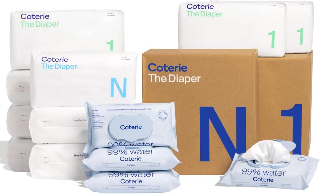 Coterie Baby Wipes + Diapers Kit, Size 1 (99 Count) & Size N Diapers (186 Count), 4 Pack Baby Wipes with 99% Water, Plant Based Materials, Hypoallergenic for Sensitive Skin