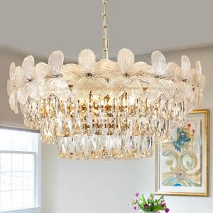 11 Lights Modern Flower Elegant Crystal Chandelier 6-Tier 24" Luxury Gold Chandelier Light Fixture for Living Dining Room Kitchen Entryway Bedroom Foyer, E12