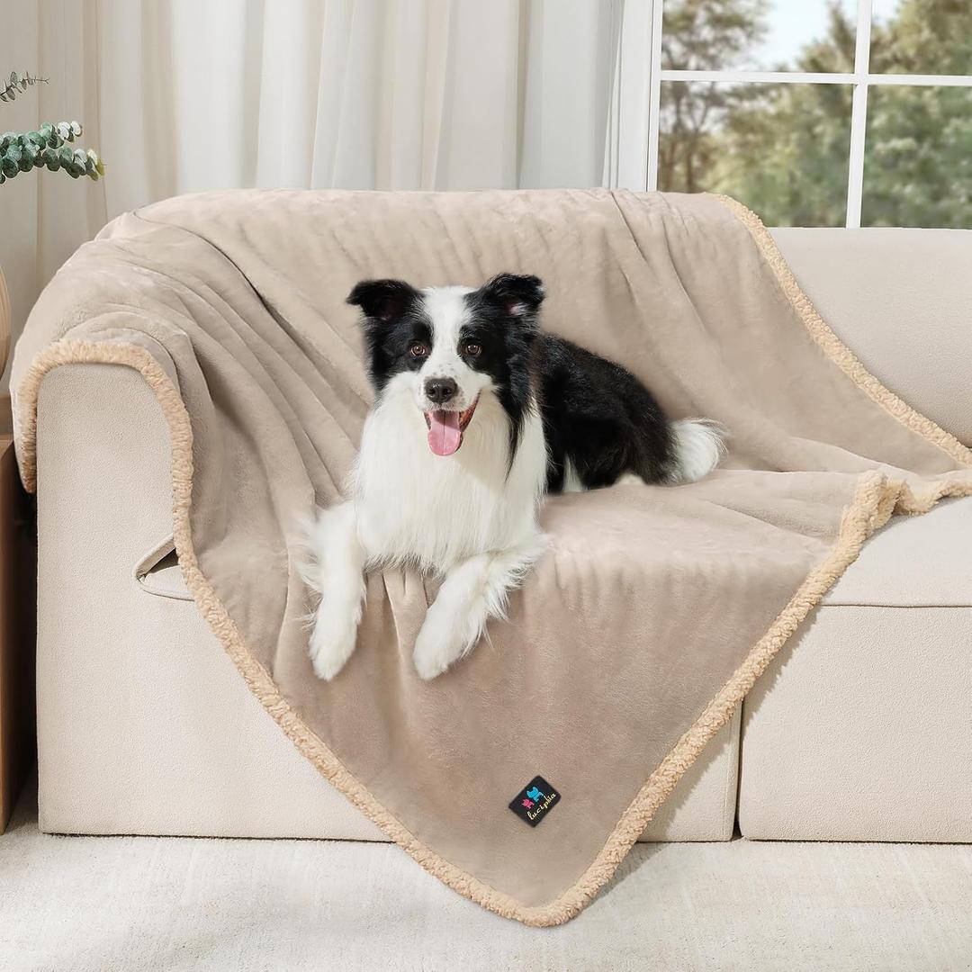 Waterproof Pet Blanket, Liquid Pee Proof Dog Blanket for Sofa Bed Couch, Reversible Sherpa Fleece Furniture Protector Cover for Small Medium Large Dogs Cats, Grey Beige Large65" x 57"