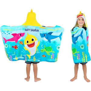 Franco Baby Shark Bath/Pool/Beach Soft Cotton Terry Hooded Towel Wrap, 24 in x 50 in, Kids