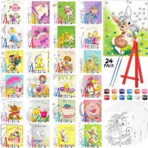 Blosssound 24 Pack Easter Watercolor Pre Drawn Canvas to Paint Pre Printed Canvas Painting Kits Bulk with Easel Paint Pots Brushes for Adult Sip Party Student Beginner Birthday DIY
