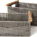 LA JOLIE MUSE Wicker Storage Baskets for Organizing, Recyclable Paper Rope Basket with Wood Handles, Decorative Hand Woven Basket Organizers for Makeup Books Shelves Living Room, Grey, Set of 3