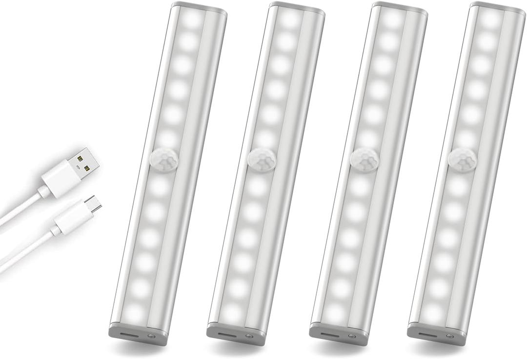 4PK Under Cabinet Lighting, 12LED Motion Sensor 12LED Light Indoor, Night Led Lights Rechargeable Stick-on Lights for Kitchen Closet Stairs