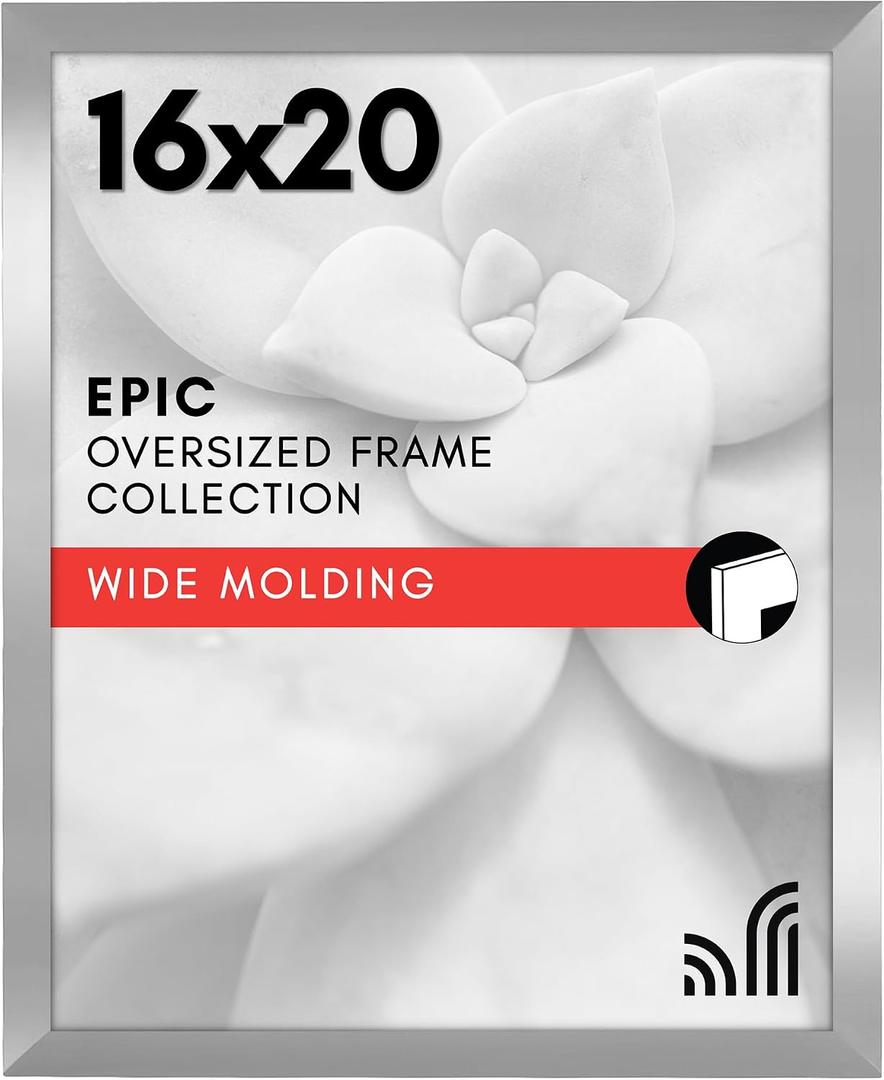 Americanflat 16x20 Picture Frame with Polished Plexiglass - Silver Photo Frame - Wide Picture Frames Made of Engineered Wood for Vertical or Horizontal Wall Display - Epic Collection - Silver
