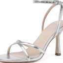 Mostrin Silver Strappy Heels for Women Lace Up Ankle Strap Round Open Toe Stiletto High Heels Women's Heeled Sandals for Prom, Party, Daily Wedding Bridal Shoes, Size 8.5