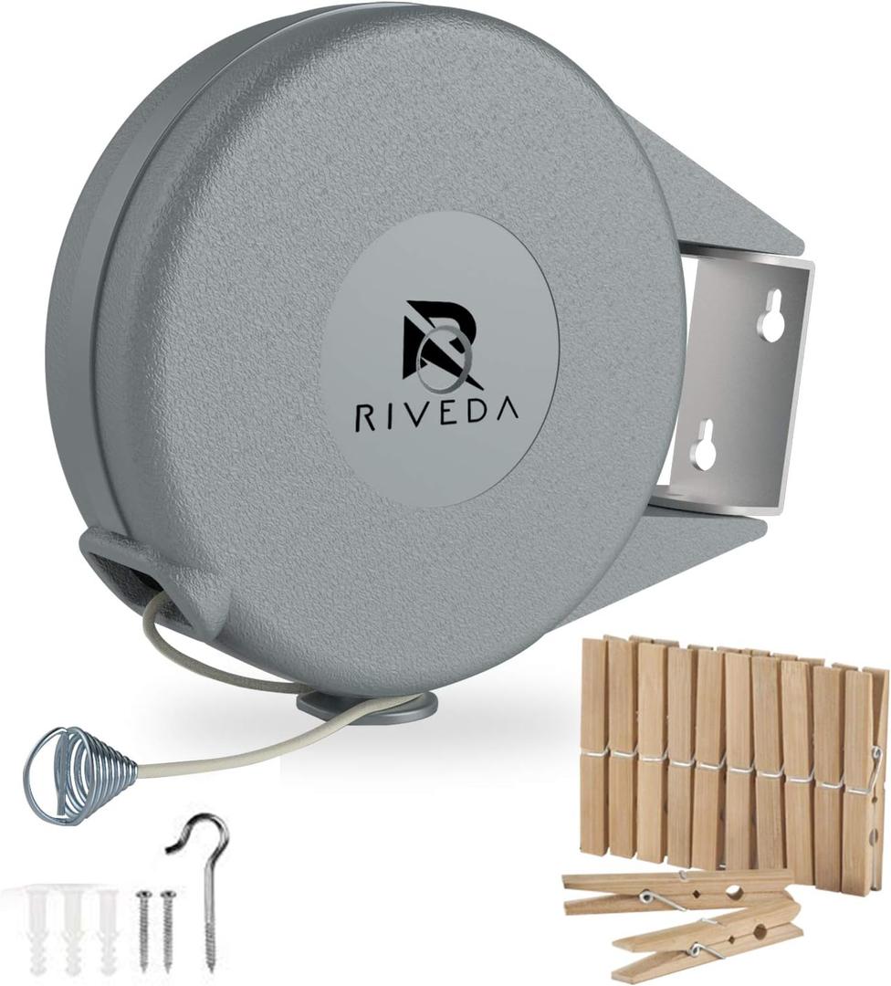 Retractable Clothesline - Portable Heavy Duty Indoor and Outdoor Washing Line - 45 Feet PVC Retracting Clothesline with Wall Mount Hang The Wet Dry Clothing Laundry - Easy Installation (Grey)