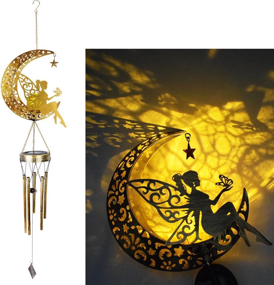 Cute Solar Powered Moon Flower Fairy Wind Chime Decorative Light, Iron Art Fairy Wind Chime, A Portable LED Outdoor Decorative Light Gift for Friends.