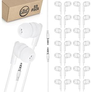 JustJamz Bulk Earbuds 50 Pack | Basic Earbuds, Pearl White In-Ear Earphones, Disposable Headphones, Wired