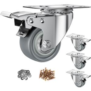 2 inch Caster Wheels, Casters Set of 4 Heavy Duty Locking Castors, Swivel Casters with Brake (Top Plate), Non Marking Grey TPR Rubber Castor Wheels for Cart Furniture Workbench