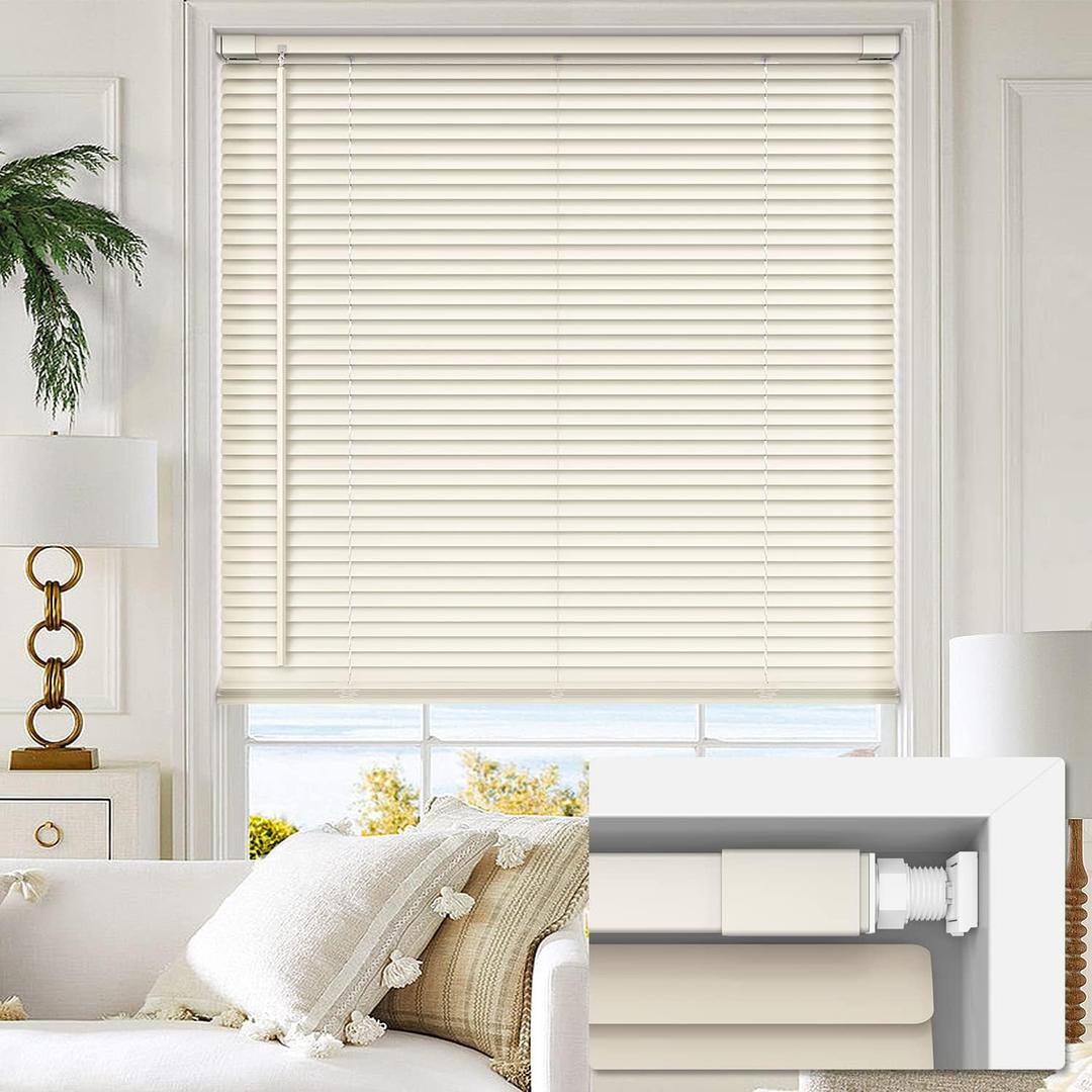 LazBlinds No Tools No Drill 1" Vinyl Mini Blinds, Cordless Blinds for Windows, Light Filtering Horizontal Window Blinds & Shades, 32" W x 64" H, Cream (Cordless-cream)