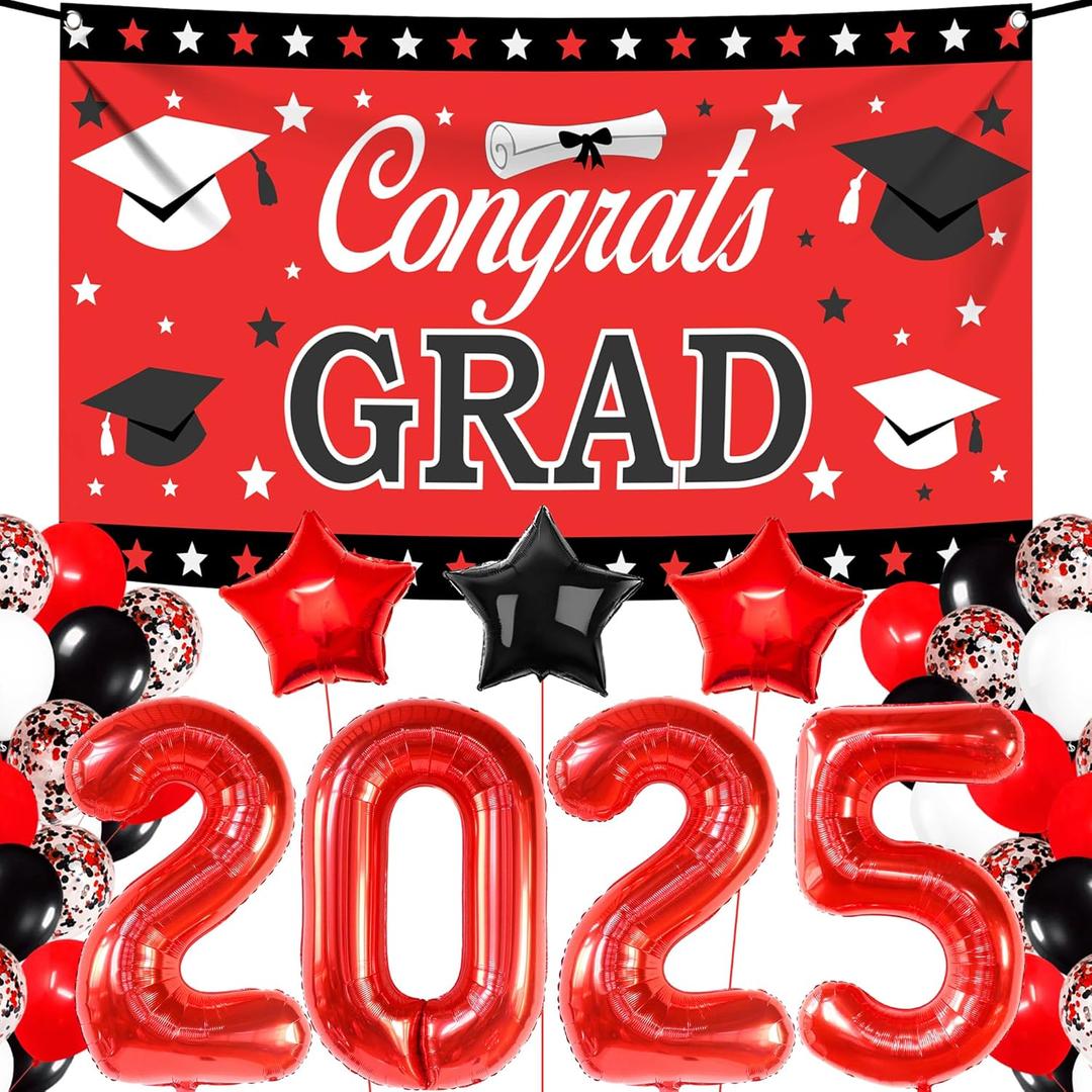 KatchOn, Red and Black Graduation Decorations 2025 Set - Pack of 40 | Red 2025 Balloons, Congrats Grad Banner | Grad Decorations Class of 2025 | Graduation Decorations 2025