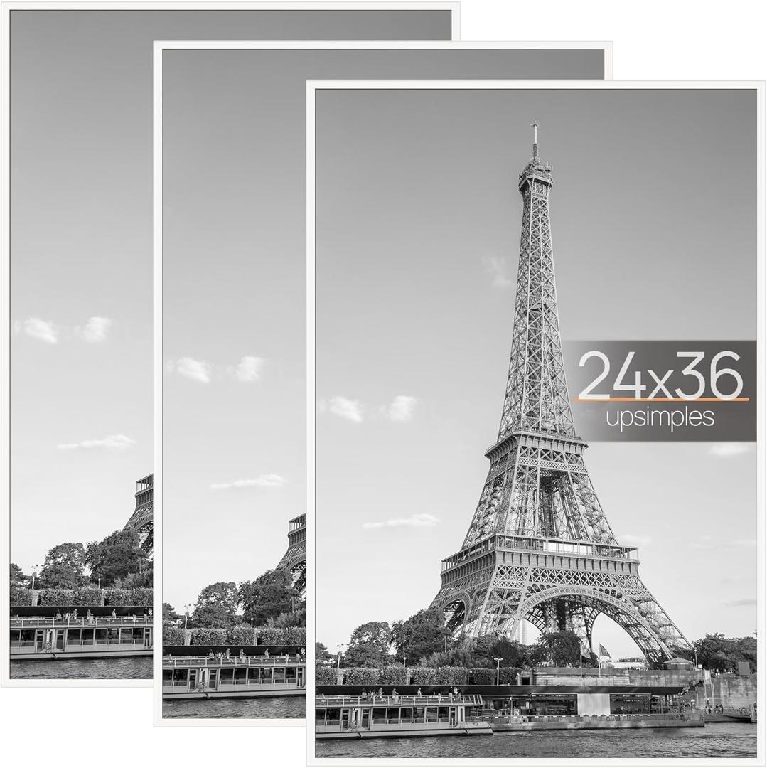 upsimples 24x36 Poster Frame White 3 Pack, Scratch-Proof Picture Frames 24 x 36 for Photo Gallery - Slide-In Strips, Horizontal or Vertical Wall Mounting