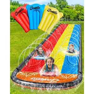 JAMBO Premium Triple Water Slide and 3 Bodyboards, Updated Model Slip Splash and Slide Heavy Duty Water Slides- 3-Way Sprinkler System, Splash Mat Pad, Backyard Outdoor Water Toys n Slides for Kids