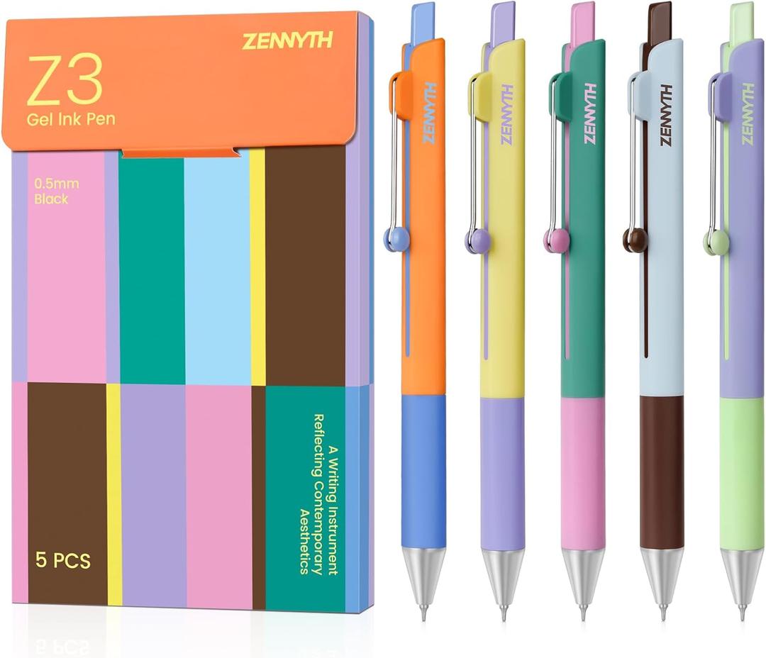 Solati Gel Pens, 5PCS 0.5mm Fine Point Smooth Writing Black Ink Pens, Cute Color Blocking Design with Rolling Clip, Quick Dry Writing Pens for School, Office & Gifts (Z3 5PCS Contrast Color)