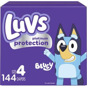 Luvs Size 4 Baby Diapers, Platinum Protection Bluey Diapers for Day & Night, Size 4, 144 Count 
