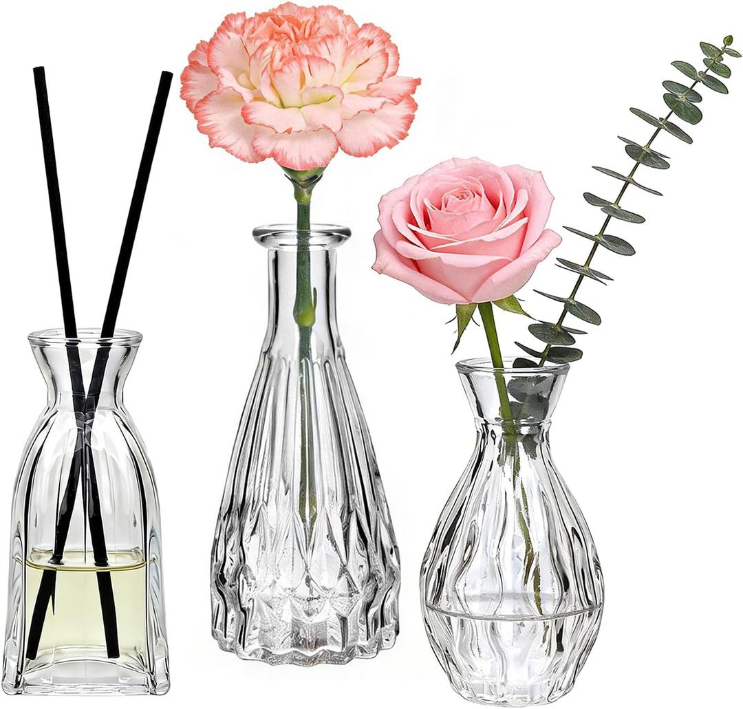 Glass Bud Vases in Bulk, 3pcs Small Glass Vase for Elegant Centerpieces,Mini Vases for Flowers,Small vases for Home Wedding Living Room Wedding Party (Clear)