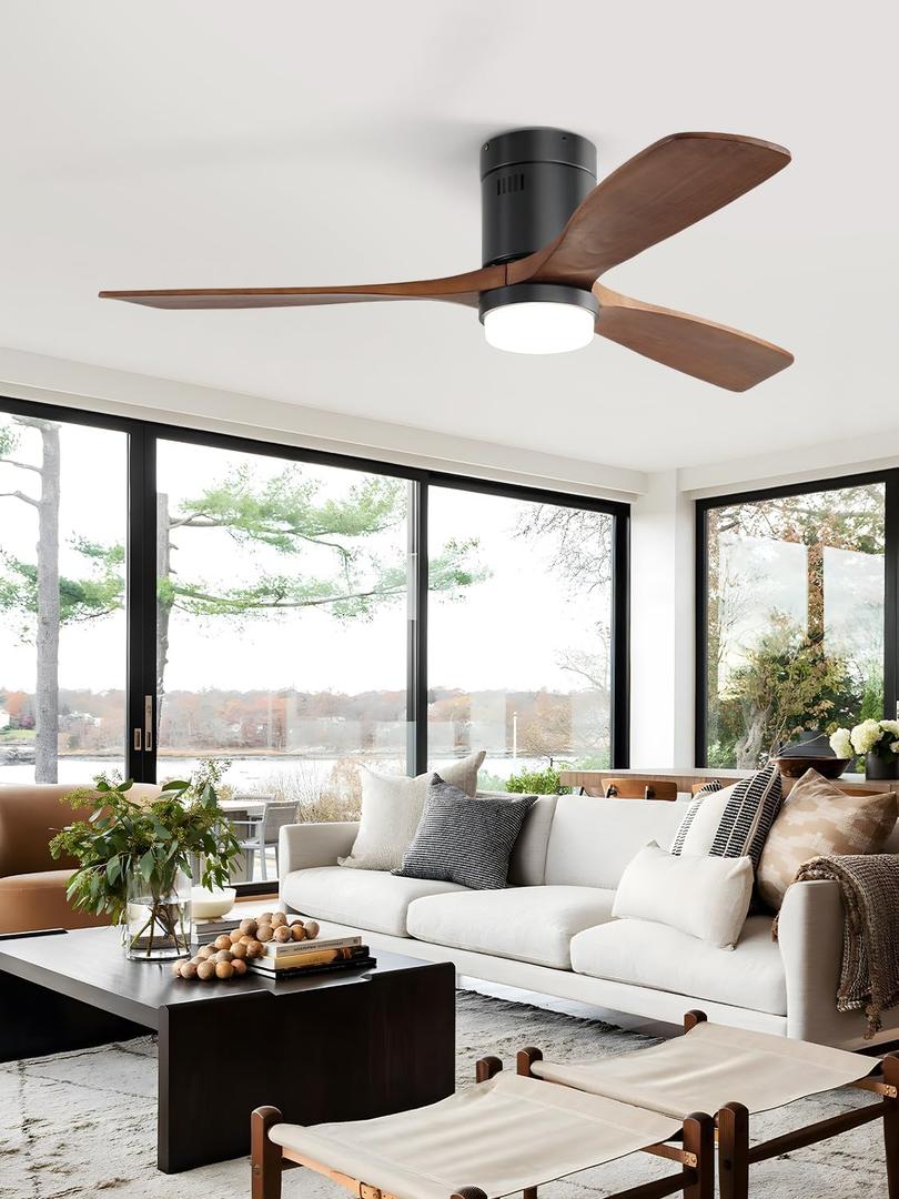 Sofucor 52 Inch Ceiling Fan with Lights and Remote, Flush Mount Low Profile Wood Ceiling Fan for Indoor Farmhouse Bedroom Living Room Outdoor Patio Porch, 3 Blades, Reversible DC Motor, Brown
