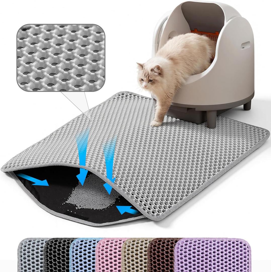 Cat Litter Mat, 24x18 Inches Large Double Layer Honeycomb Cat Litter Trapping Mat, Non Slip Waterproof Urine Proof Cat Litter Box Mat for Floor, Kitty Litter Rug, Cat Supplies, Gray