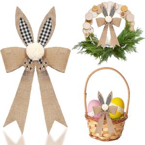 Easter Bunny Wreath Bows Decorations Burlap Rabbits Bows with Plaid Bunny Ears Pom for Spring Home Front Door Wall Decor