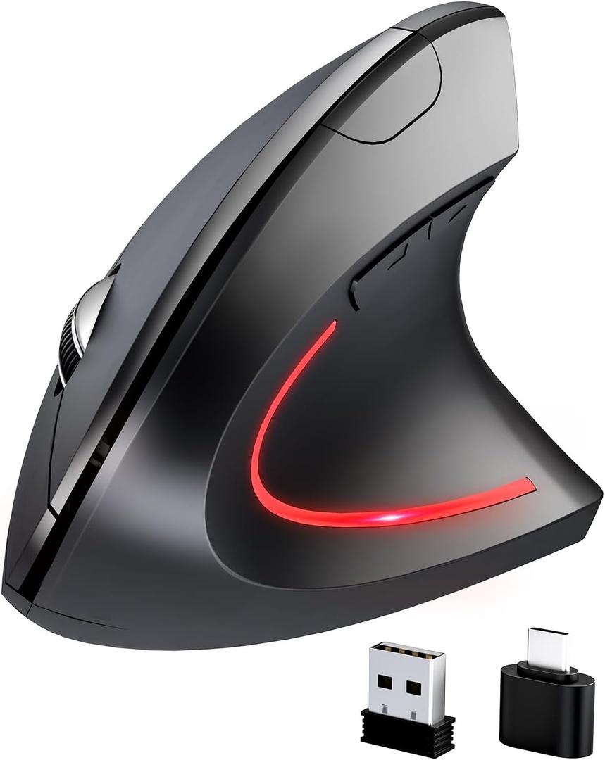 Bluetooth Ergonomic Mouse, 2.4GHz Wireless Mouse with 3 Adjustable DPI(1000/1200/1600), Optical Vertical Computer Mice with Type-C Adapter, 6 Silent Buttons for Laptop, Desktop, MacBook, Black