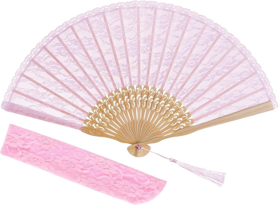 choyaxo Lace Handheld Chinese Folding Fan Bamboo Silk Folding Fan for Women Wedding Decoration Dancing Party,Pink