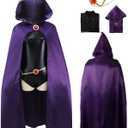 Women Raven Cosplay Costume Deluxe Jumpsuit Purple Hooded Cloak with Red Stones Chain for Cosplay Suit for Adult Raven Costume, Large