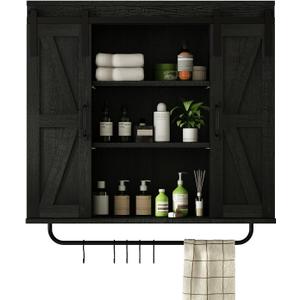 RUSTOWN Rustic Wood Wall Storage Cabinet with Two Sliding Barn Door, 3-Tier Decorative Farmhouse Vintage Cabinet for Kitchen Dining, Bathroom, Living Room,Black