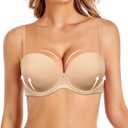 Women's Strapless Push Up Bra Underwired Thick Padded Low Cut T-Shirt Convertible Supportive Bras with Clear Straps (36C, Beige)