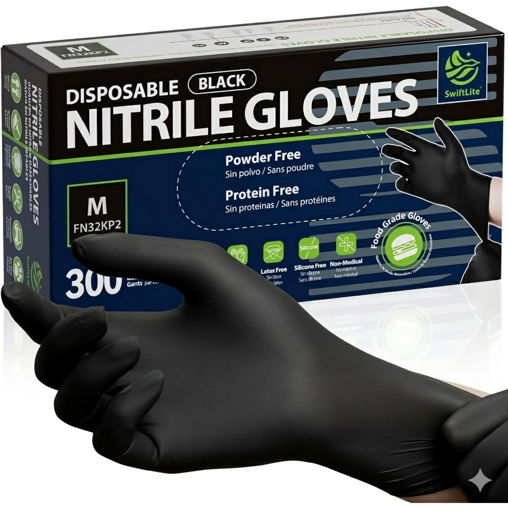 SWIFTLITE Disposable Nitrile Gloves Black, Food Safe Rubber Gloves Latex-Free Powder-Free for Cooking Food Prep Kitchen Clean, 300, Medium