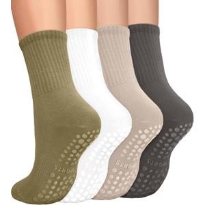 yeuG 4 Pairs Non Slip Pilates Socks with Grips for Women, Crew Grip Socks for Yoga, Barre, Hospital, Barefoot Workout (Small-Medium, C01-dark Grey/Beige/Army Green/White)