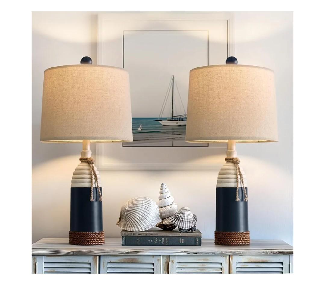 OYEARS 23.75" Table Lamps Set of 2, Bedside Lamps for Nightstands, Nautical Table Lamps for Living Room, Coastal Ocean Beach Style, Resin, Navy Blue