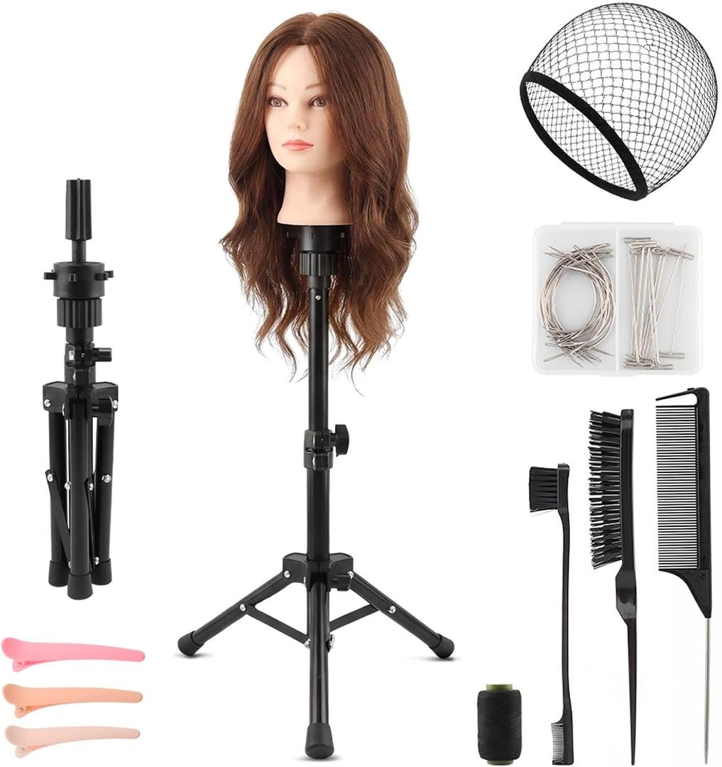 Mannequin Head Stand, 22 '' Height Adjustable Tripod Wig Stands for Styling, Wig Stand Tripod Tool Kit for Cosmetology Hairdressing Training with Caps, Pins, Comb, Hair Clips