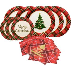 Gatherfun Christmas Party Supplies Christmas Tree Red Plaid Disposable Paper Dinner Plates Dessert Plates and Napkins for Party, Serve 20