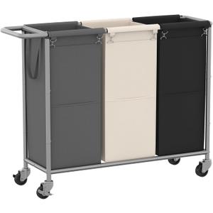 Heybly Laundry Basket,3 x 18.5 Gal Laundry Separator Hamper with Heavy Duty Rolling Wheels,Laundry Divider Sorter with Removable Bags for Dirty Clothes Storage, 40.2 x 15.4 x 33.1 Inches HLH022P03 (200L, Black + Gray + Cream White)
