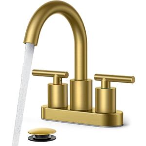 FORIOUS 4" Brushed Gold Bathroom Faucet Centerset 4 Inch, 2 Handle 2 Hole Gold Faucets for Bathroom Vanity wtih Metal Pop Up Dain, CUPC Supply Hose, High Arc Swivel Spout