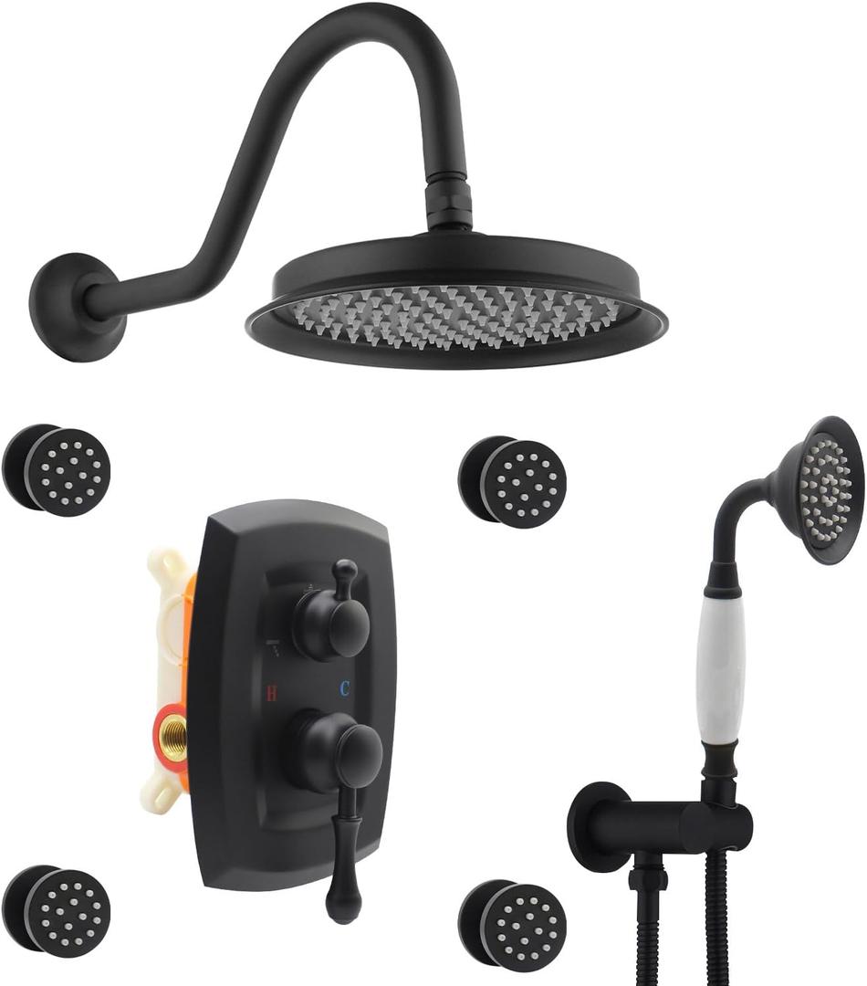 Antique Shower System with Body Jets - 9" Wall Mounted Rainfall Head and Vintage Brass Ceramic Handheld Spray, 3 Way Diverter Brass Rough-in Valve Trim Kit, Matte Black