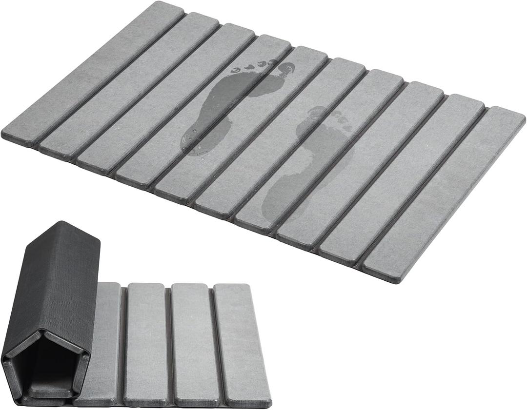 AWW Foldable Stone Bath Mat, Quick Dry Diatomaceous Earth Bath Mat with Non-Slip Mat, Super Absorbent, Easy to Clean, Compact for Small Bathrooms, 23.6 x 15.5, Grey