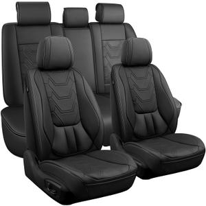 CAPITAUTO Car Seat Covers Full Set, Black Seat Covers for Car with Lumbar Support, Faux Leather Waterproof Seat Covers 5 Seats, Breathable Automotive Seat Covers Fit for Most Cars SUV Truck