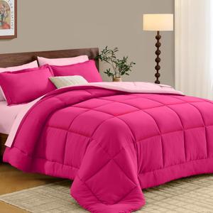 FUANNA Full Size Comforter Sets 7 Pieces, Reversible Bed in a Bag Full with All Season Soft Comforter, Bedding Sets Includes Comforter, Flat Sheet, Fitted Sheet, Pillowcases & Shams, Hot Pink & Pink
