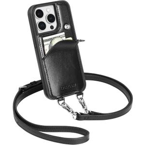 LUCKYCOIN Crossbody Wallet Phone Case for iPhone 13 Pro,100% Genuine Leather Phone Purse Case for Women,with Expandable Card Holder,with Adjustable & Removable Strap Retro Black