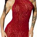 WDIRARA Women's Y2k Zebra Print Halter Mini Dress Tie Backless Sleeveless Bodycon Dresses (Red, M)