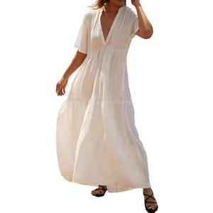 R.Vivimos Womens Summer Cotton Flowy Maxi Dress Short Sleeve V Neck Empire Waist Boho Tiered Ruffle Casual Loose Long Dresses (Medium, White)