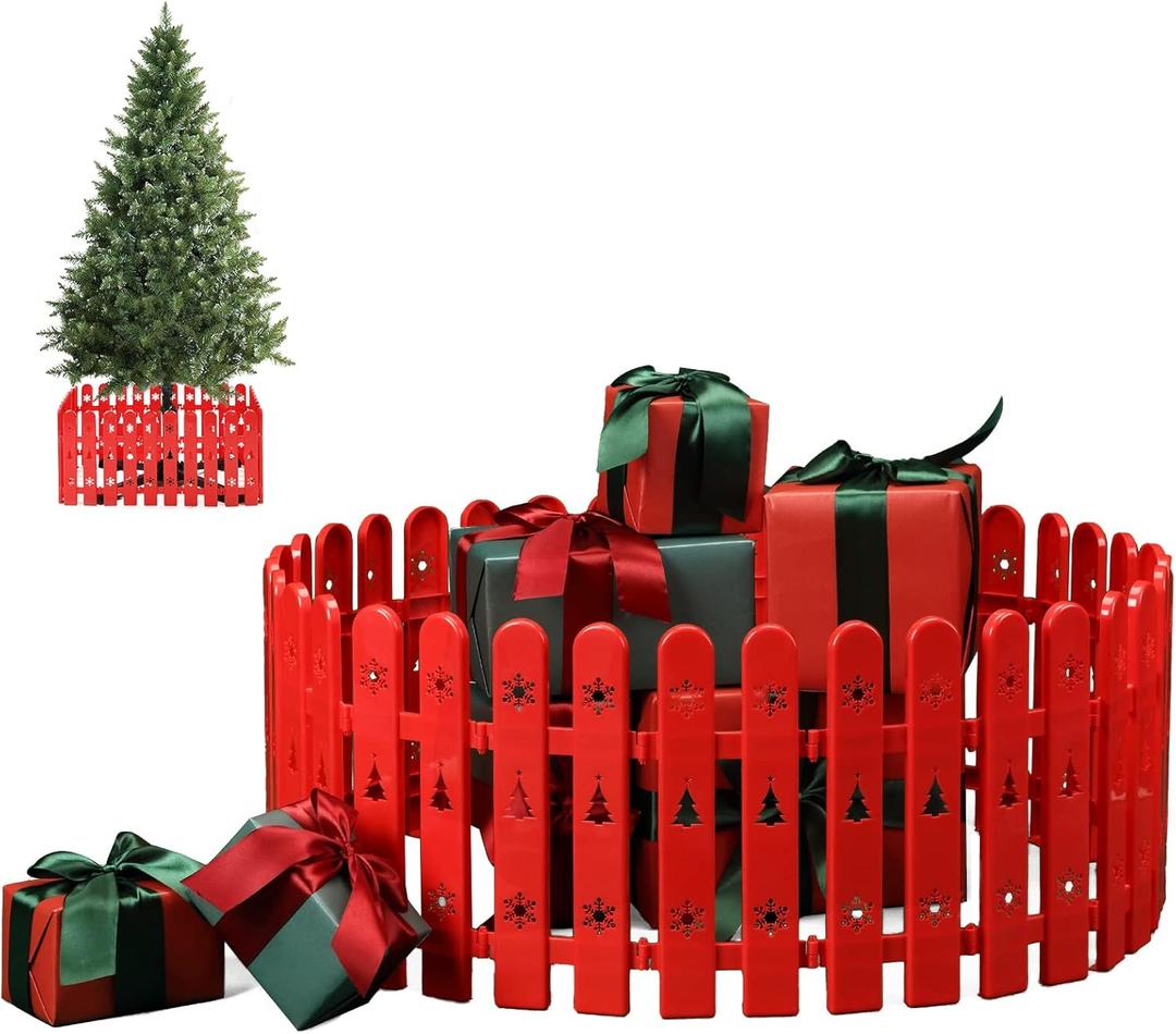 Christmas Tree Fence, 36 PCS Picket Fence Holiday Decoration Around Artificial Real Xmas Trees, Plastic PVC Small Fence Panel Freestanding Barrier to Go, Toddlers Cats Proof, Overall 11"W x175"L, Red