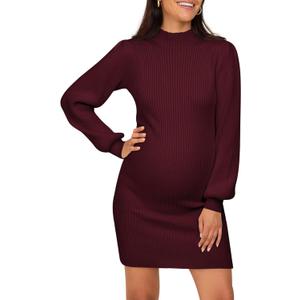 Lueluoye Maternity Sweater Dress for Pregnant Women Turtleneck Puff Sleeve Knit Slim Fit Bodycon Mini Dress (XX-Large, 03-Wine Red)